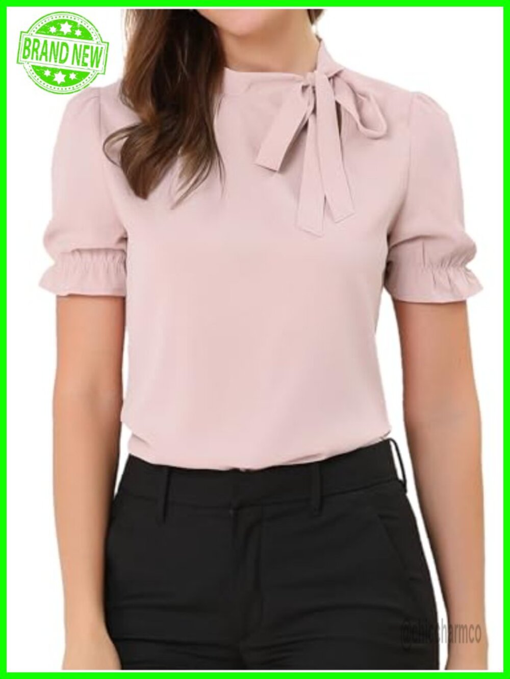 Elegant Bow Tie Neck Chiffon Blouse Short Sleeve Office Top